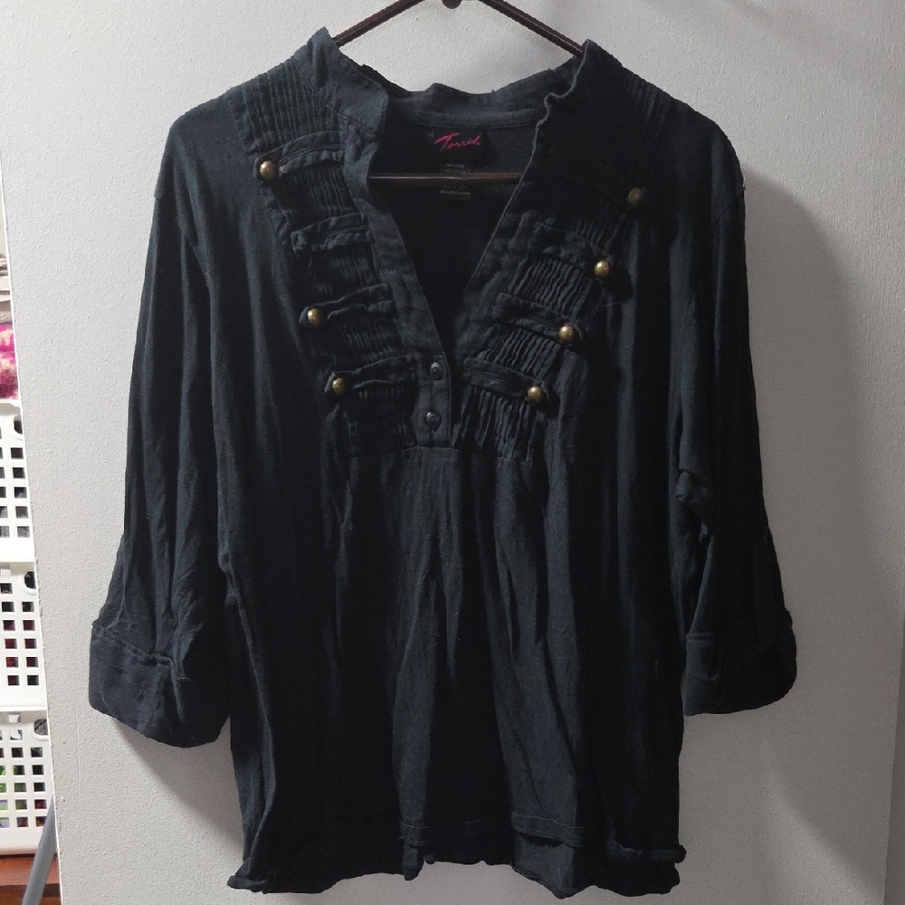 Torrid Black Blouse with Brass Button Accents